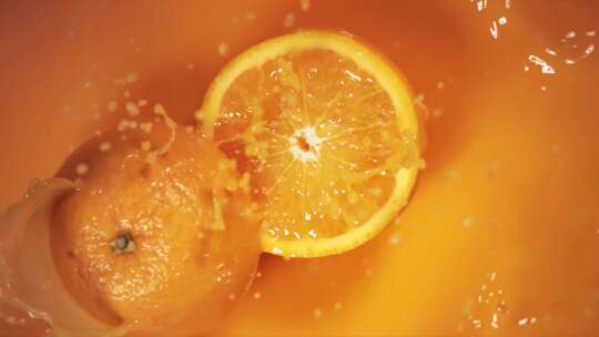 半个橘子落入果汁中