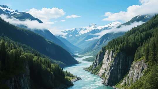 山谷河流森林雪山全景