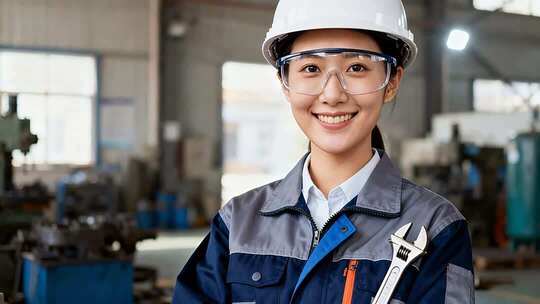 车间女工人手持扳手微笑