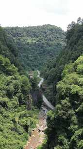 竖版航拍大山山谷公路