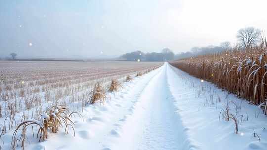 4k冬季乡村积雪覆盖的玉米地粒子背景屏幕