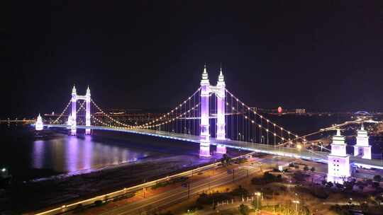 舟山港岛大桥夜景 夜晚桥梁灯光航拍画面