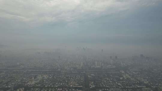 苏州城市清晨迷雾平流层航拍视频素材模板下载