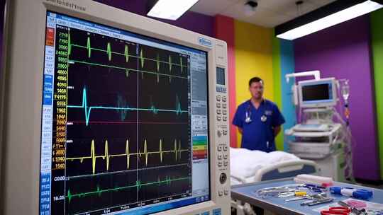 医院内医生与心电监护仪画面