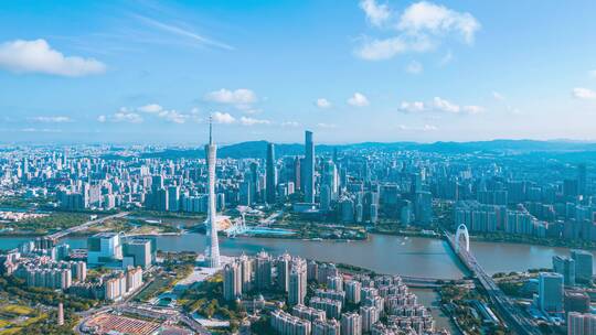 广州唯美蓝天白云广州全景天际线建筑群延时