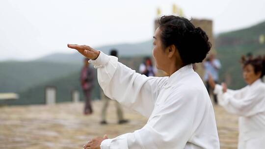 一群老年人高速慢动作打太极拳