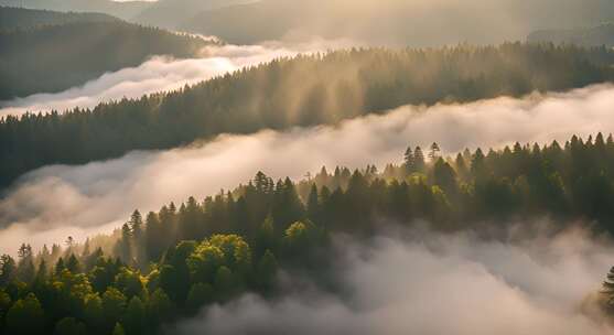 森林云海阳光山峰云雾大自然树林丁达尔效应