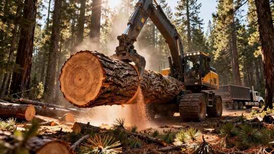 森林中挖掘机搬运原木画面