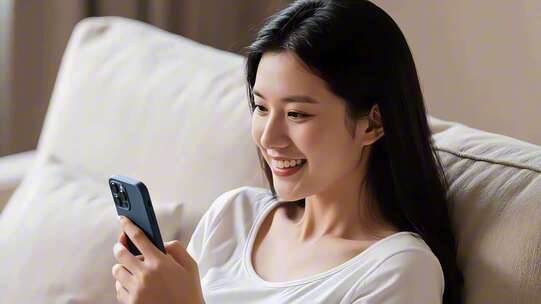 女子沙发上专注看手机