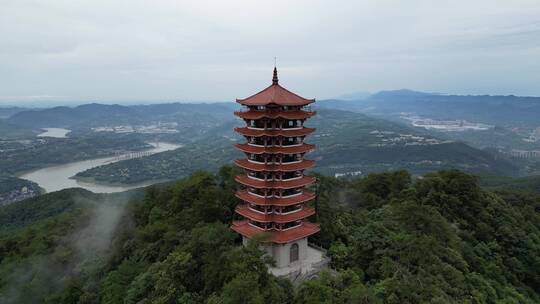 航拍重庆北碚缙云山国家级森林保护区观景塔