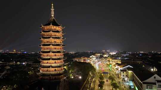 苏州古城夜景人民路北寺塔北报恩寺苏州地标