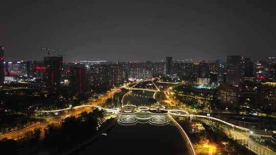 四川成都府河夜景桥梁航拍