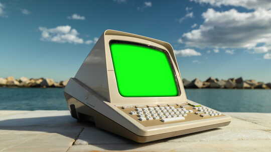 海边的计算机，屏幕上有代码和数据视频素材模板下载