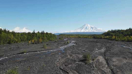 被雪覆盖的森林和火山。