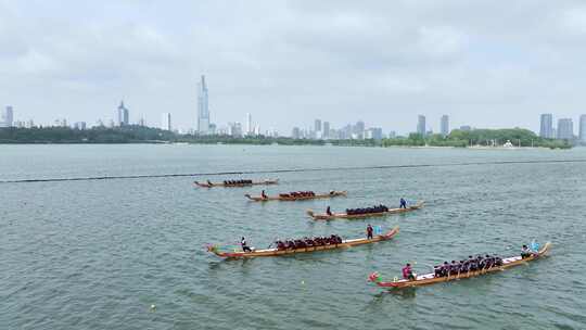 南京玄武湖端午节划龙舟比赛航拍
