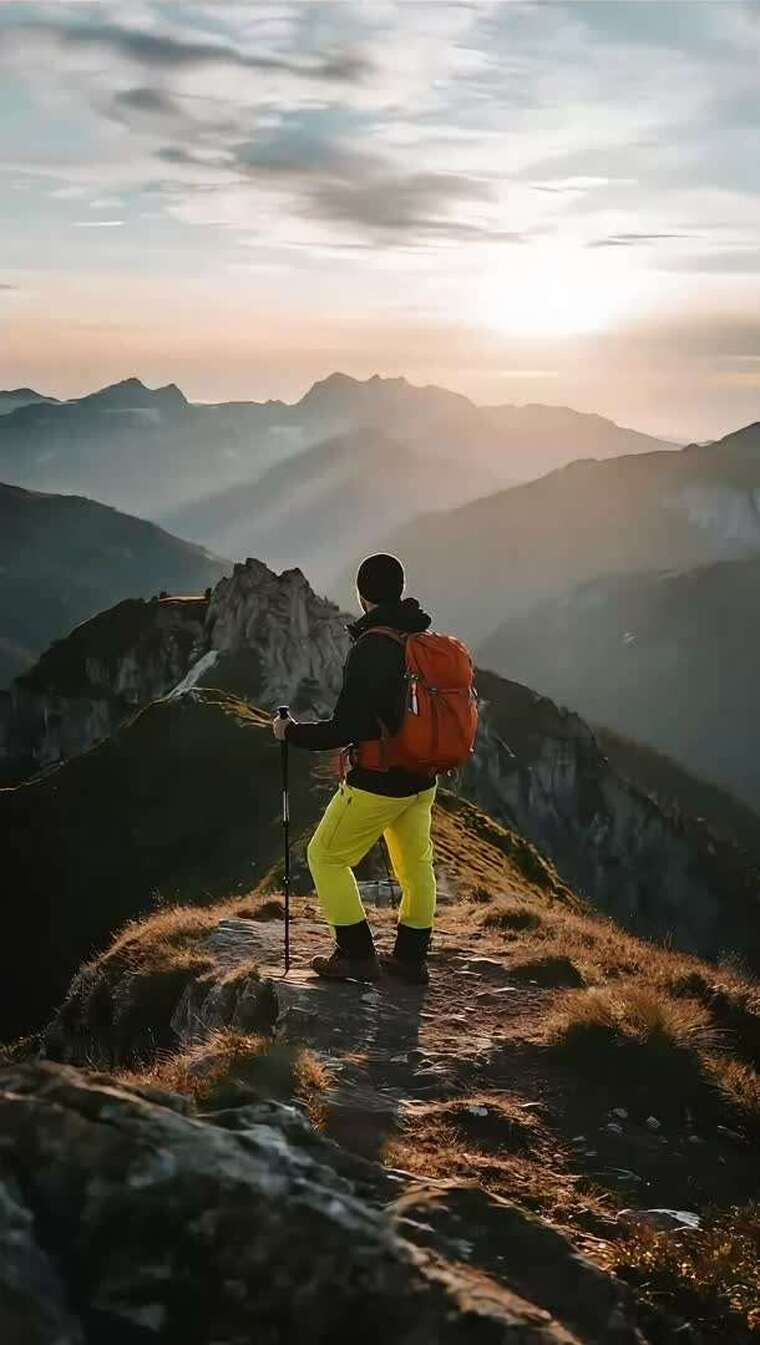 登山者山顶眺望山脉日落