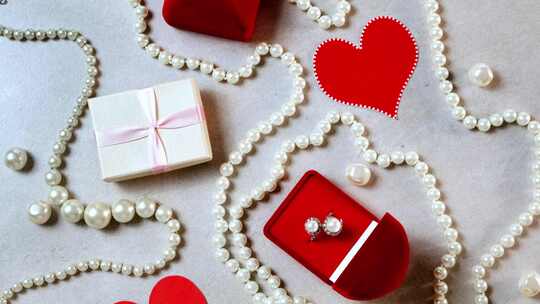 红色盒子里有珍珠的戒指。情人节浪漫背景，视频素材模板下载