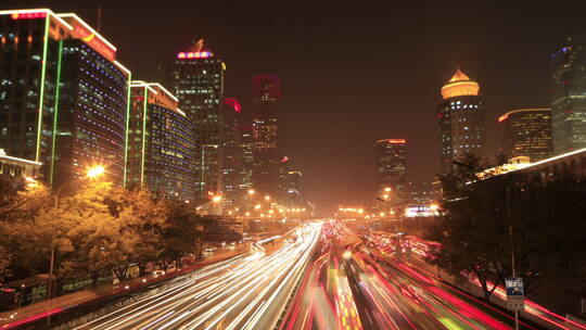 北京建国路车流移轴夜景延时摄影