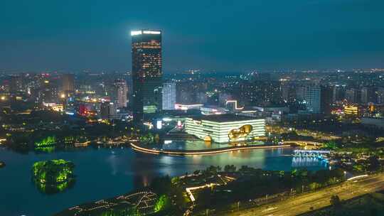 上海保利大剧院远香湖嘉定新城夜景航拍延时