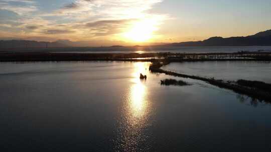 野鸭湖秋景夕阳航拍