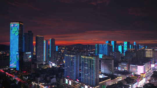 长沙城市黄昏晚霞城市夜景航拍