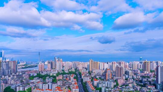 广州城市道路繁忙车流与蓝天白云风光延时