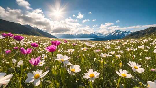 高山下的烂漫花海风景