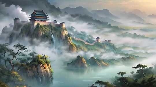 中国传统水墨山水长城云雾缥缈