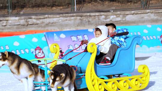 4K升格实拍在冰雪乐园玩雪橇的游人视频素材模板下载