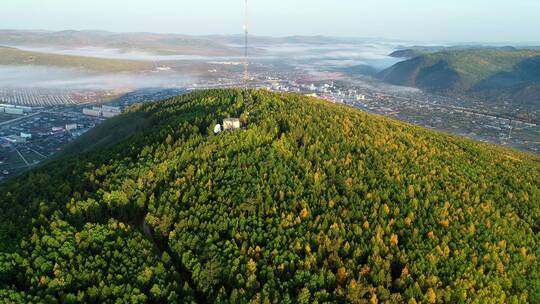 航拍大兴安岭金秋山谷林业小镇风景