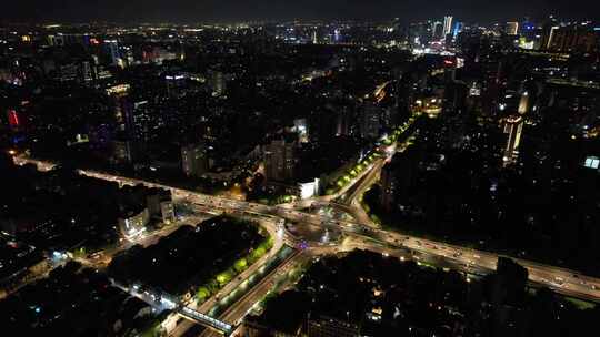 杭州城市夜幕降临夜景交通航拍