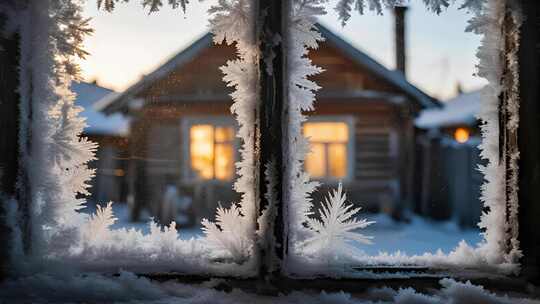 冬天木屋窗户冰花温馨唯美意境视频