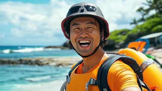 阳光海滩年轻男子准备户外活动
