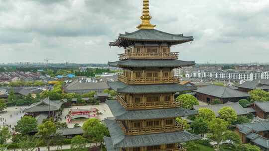 上海宝山寺寺庙中式建筑航拍延时