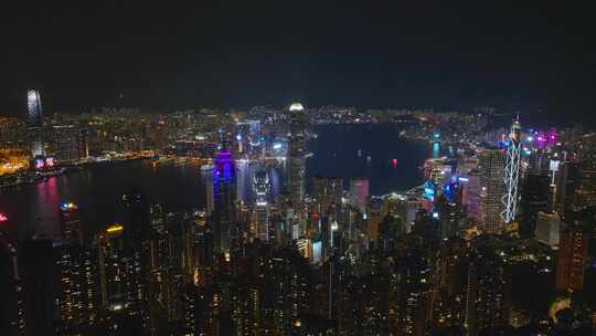 下降香港CBD城市夜景航拍视频4K30P
