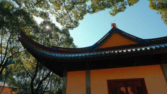 宁波阿育王古寺庙阳光下的建筑与屋檐