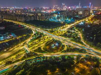 航拍城市南京立交桥夜景延时车流光轨合集