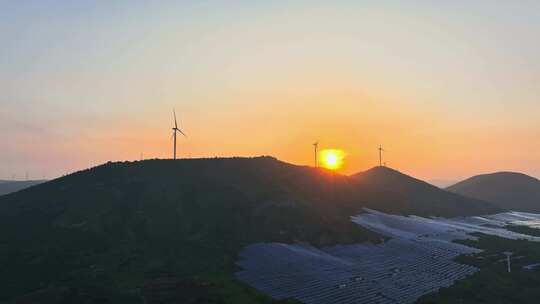 航拍山东枣庄山亭西集毛山风力发电