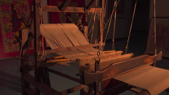 非遗古老纺织技术纺织车织布机4K素材