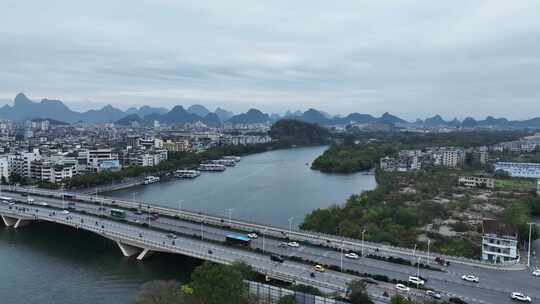 航拍广西省桂林市漓江两岸城市