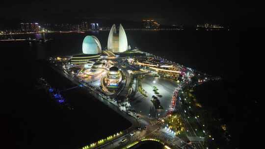 珠海日月贝夜景航拍夜晚珠海大剧院珠海地标