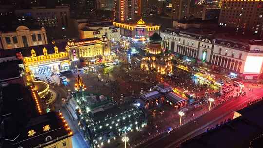 哈尔滨索菲亚广场周边夜景航拍视频素材