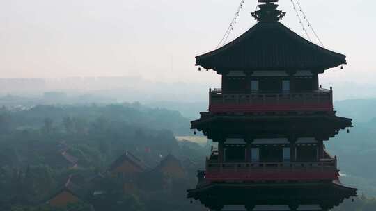 江苏省扬州市瘦西湖大明寺晨曦云雾风光航拍