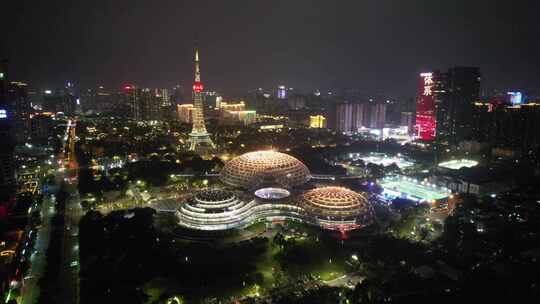 广东佛山岭南明珠体育馆佛山电视塔夜景航拍