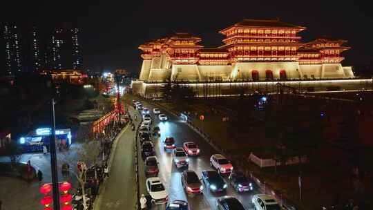 洛阳旅游城市隋唐洛阳城景区应天门夜景航拍