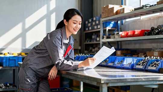 工厂女工人查看文件