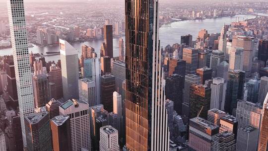 城市航拍纽约曼哈顿施坦威大厦摩天大楼河流视频素材模板下载