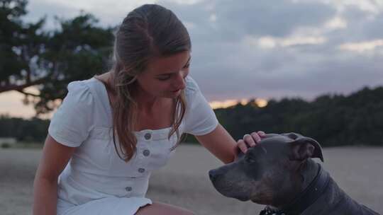 年轻女子在沙丘上抚摸她的美国斯塔福德郡梗犬，抬头看着镜头