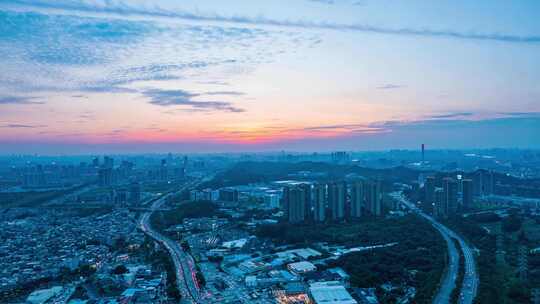 广州番禺城市繁华景观与夕阳落日晚霞航拍