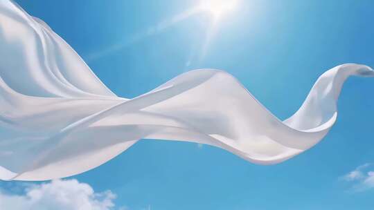 蓝天下飘扬的白色绸带